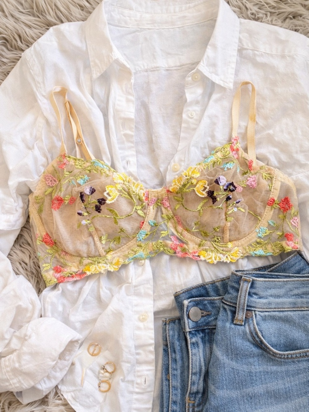 Sheer Floral Embroidered Bra Top Mesh Lace Bralette Romantic Coquette M